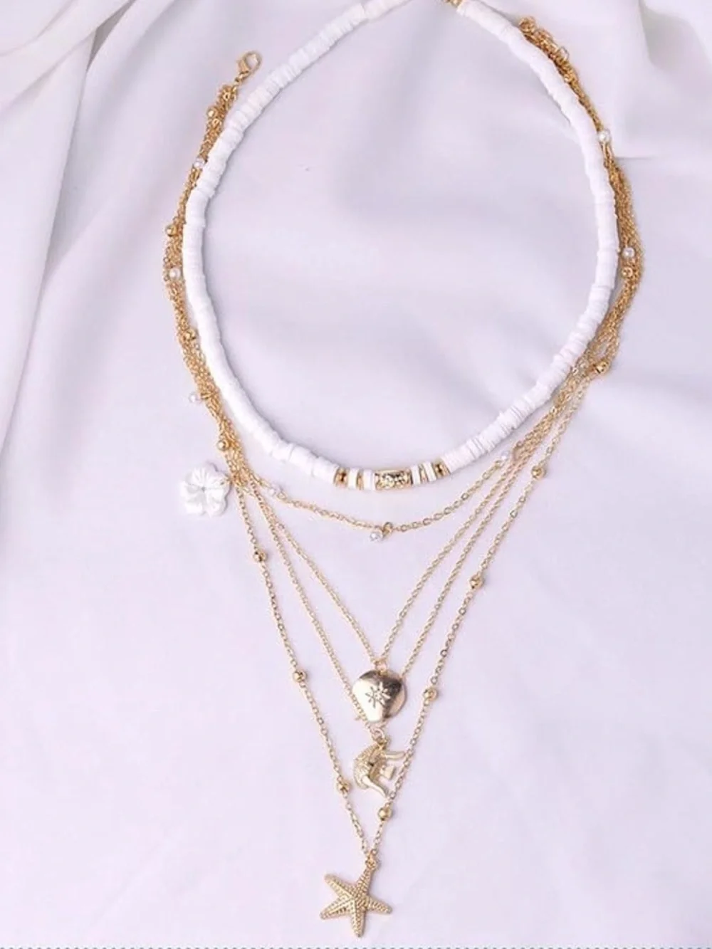 Fashion Jewelry Layered Starfish Beach Necklace Set, Gold White, Adjustable - Picture 3 of 5